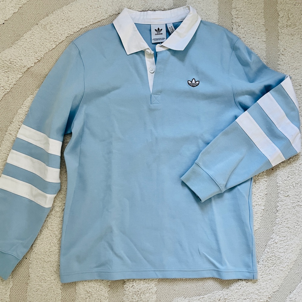 Vintage Adidas Rugby Polo in Powder Blue with Contast Collar